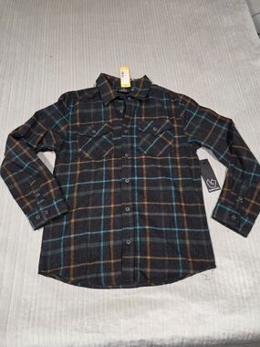 Burnside Plaid Button-Up Shirt - Teal & Brown Stripes 12 Boy
